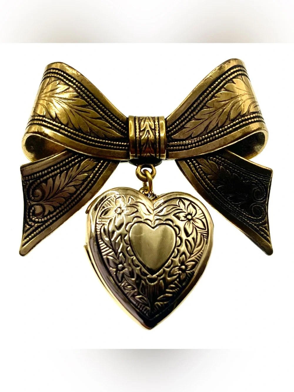 Vintage Gold Tone Bow Brooch Dangling Heart Locket Charm Victorian Revival